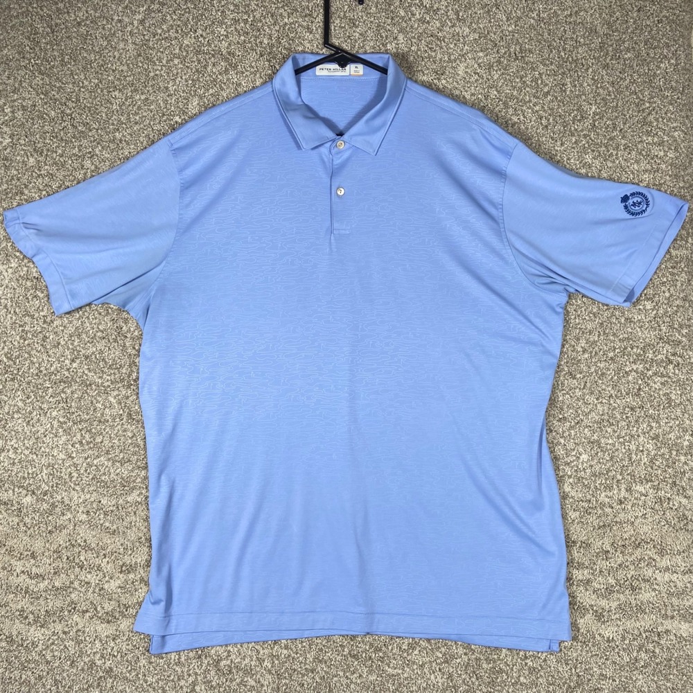 PETER MILLAR Featherweight Golf Polo Mens XL Blue Tonal Map Pattern UPF 50 Shirt